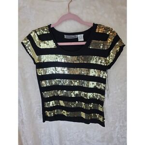 Lucidity Womens Medium Black Gold Sequin Striped‎ Knit Top Short Sleeve